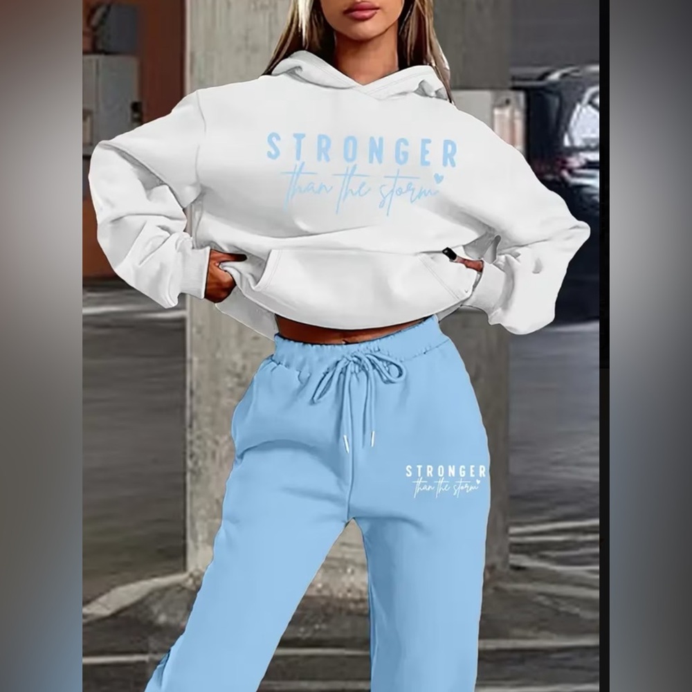 White Hoodie stronger then the storm. and Blue Sweatpants Set
